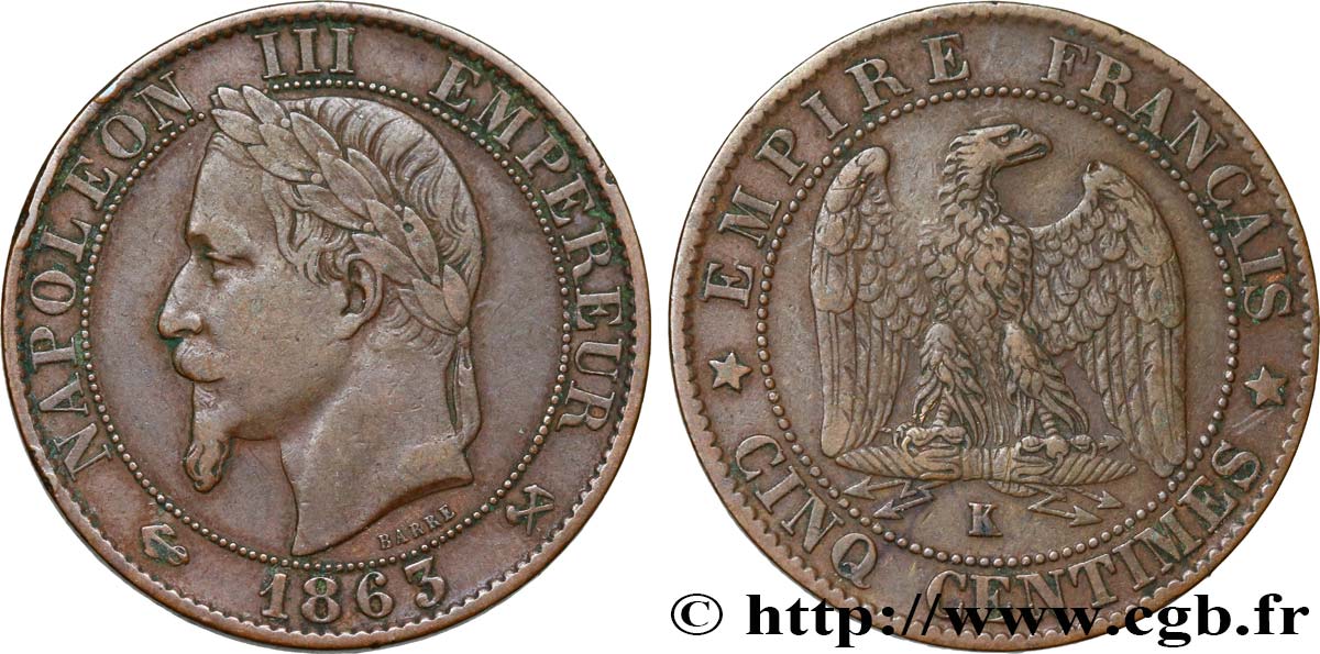 Cinq centimes Napoléon III, tête laurée 1863 Bordeaux F.117/12 TB35 