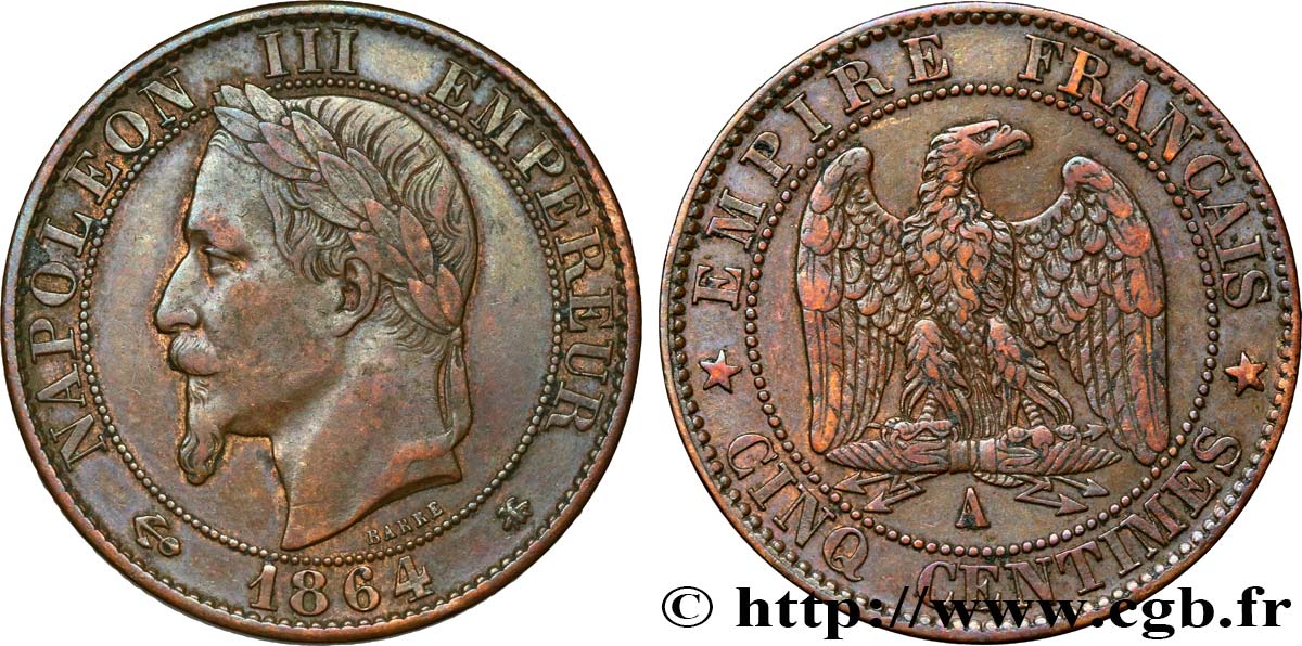 Cinq centimes Napoléon III, tête laurée 1864 Paris F.117/13 BB40 