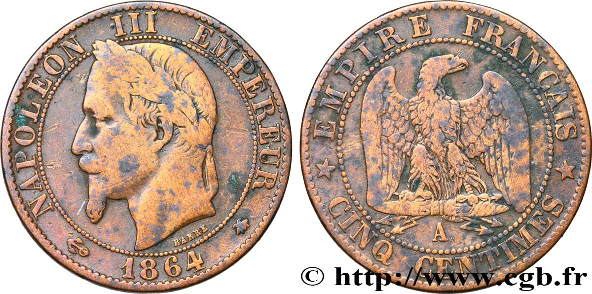Cinq centimes Napoléon III, tête laurée 1864 Paris F.117/13 TB 