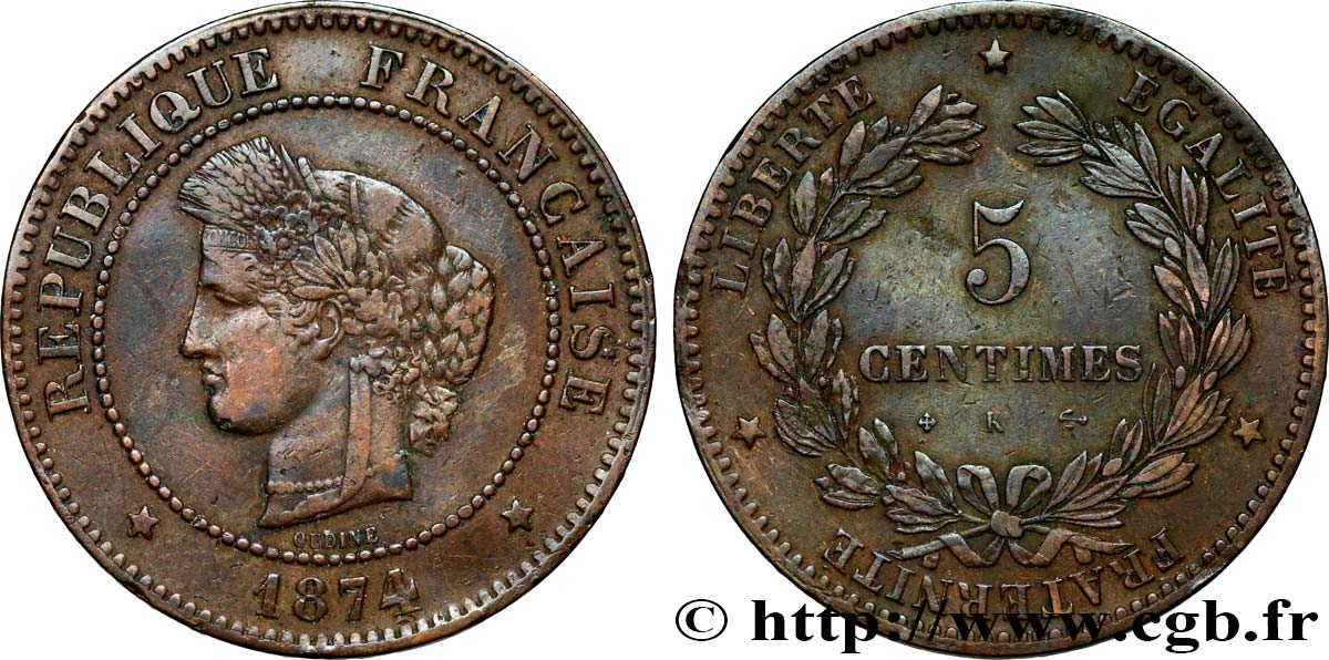 5 centimes Cérès 1874 Bordeaux F.118/10 VF35 