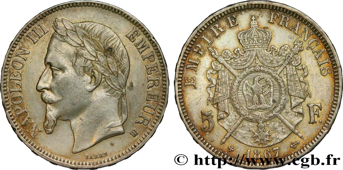 5 francs Napoléon III, tête laurée 1867 Strasbourg F.331/11 XF 