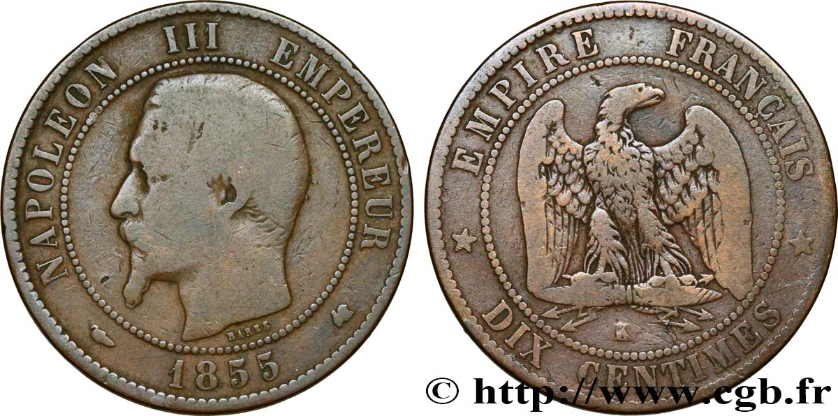 Dix centimes Napoléon III, tête nue 1855 Bordeaux F.133/27 F15 