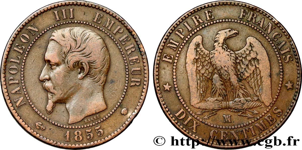 Dix centimes Napoléon III, tête nue 1855 Marseille F.133/31 BC25 
