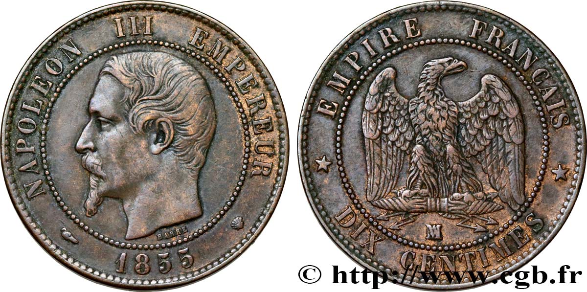 Dix centimes Napoléon III, tête nue, différent levrette 1855 Marseille F.133/30 BB48 