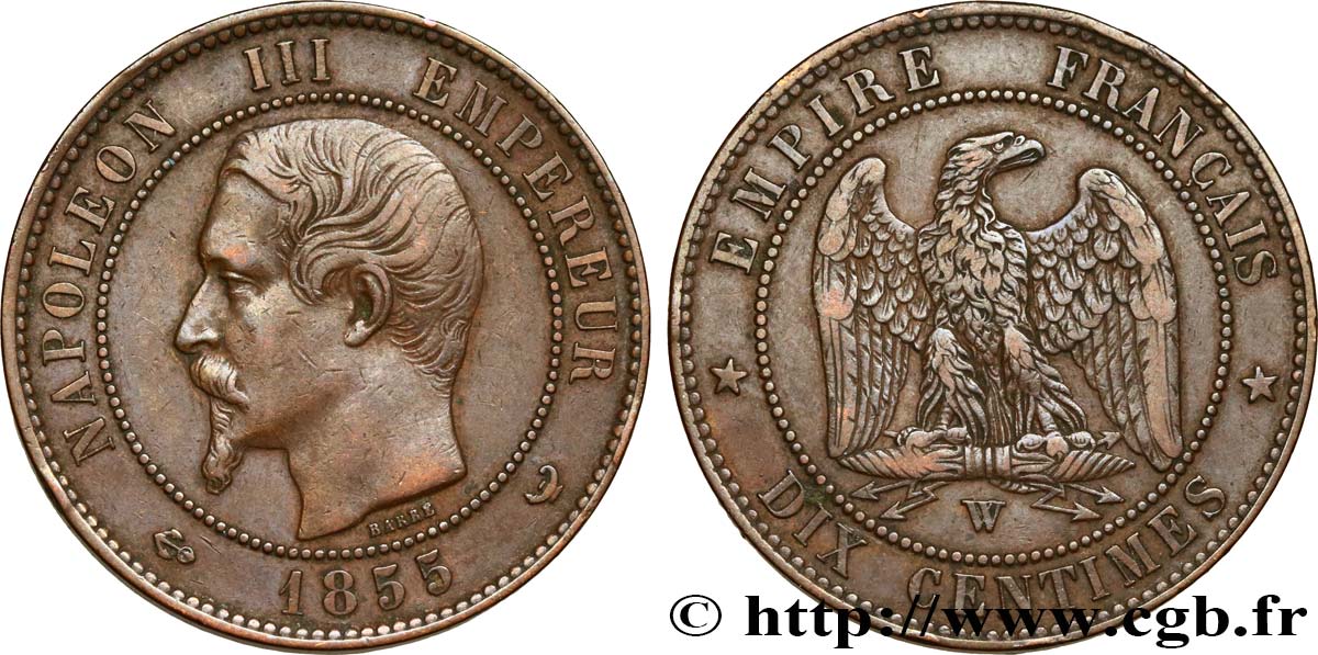 Dix centimes Napoléon III, tête nue 1855 Lille F.133/33 TTB45 