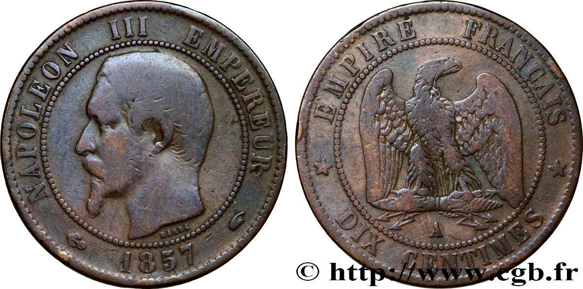 Dix centimes Napoléon III, tête nue 1857 Paris F.133/41 TB15 