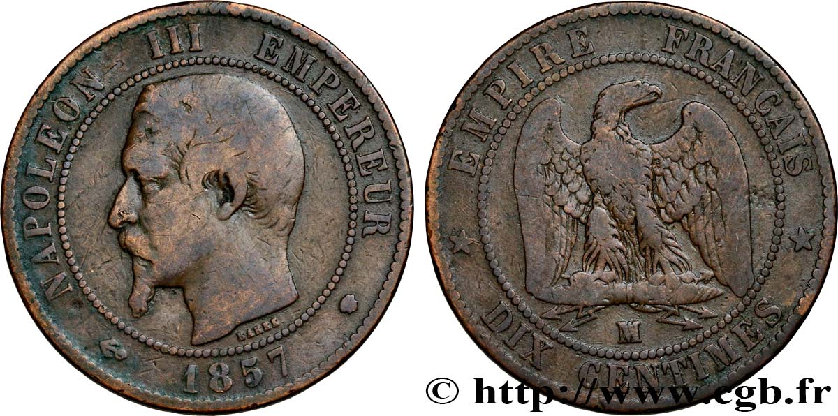 Dix centimes Napoléon III, tête nue 1857 Marseille F.133/45 TB15 