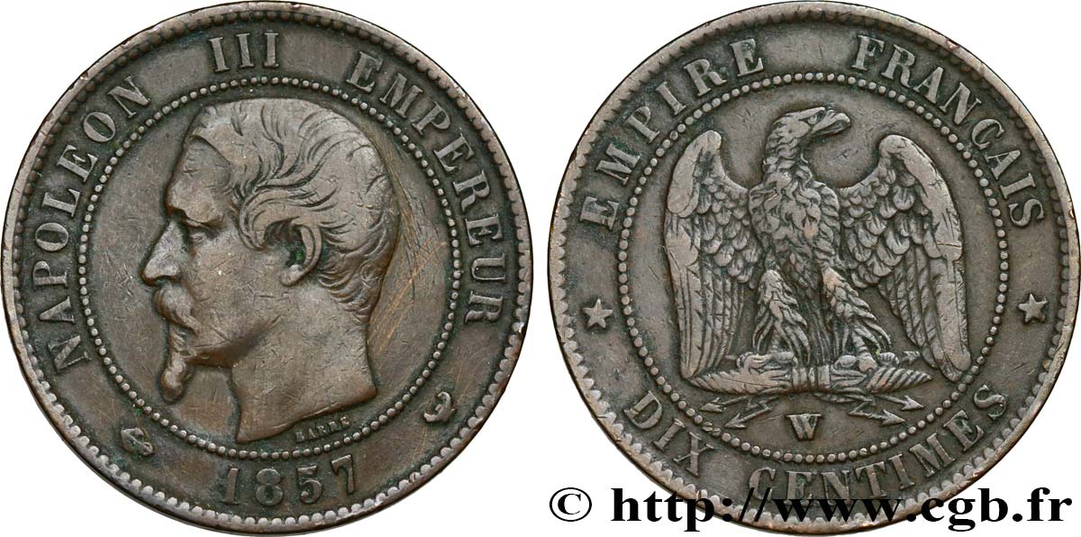 Dix centimes Napoléon III, tête nue 1857 Lille F.133/46 TB35 