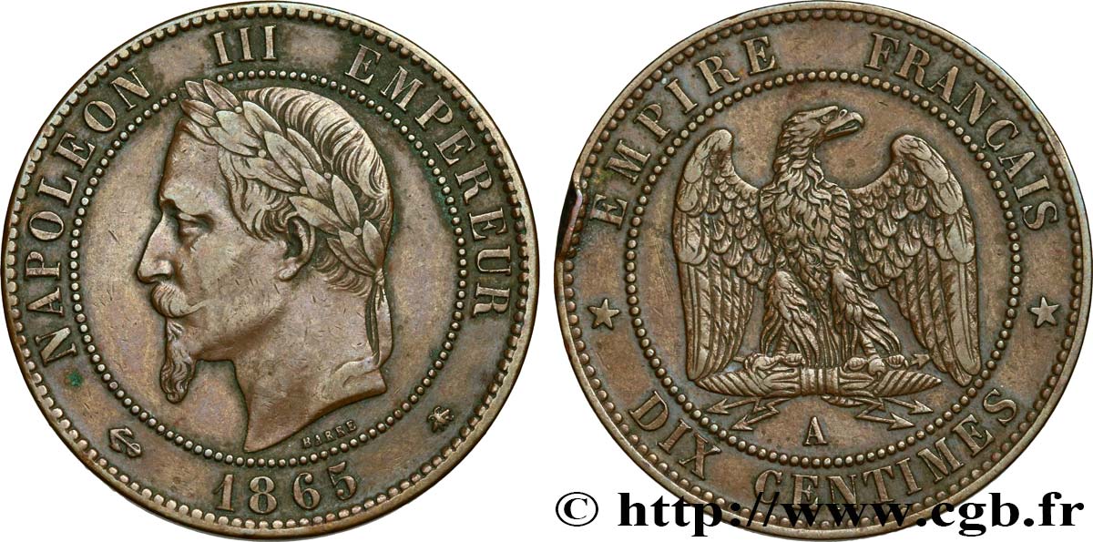 Dix centimes Napoléon III, tête laurée 1865 Paris F.134/16 VF 