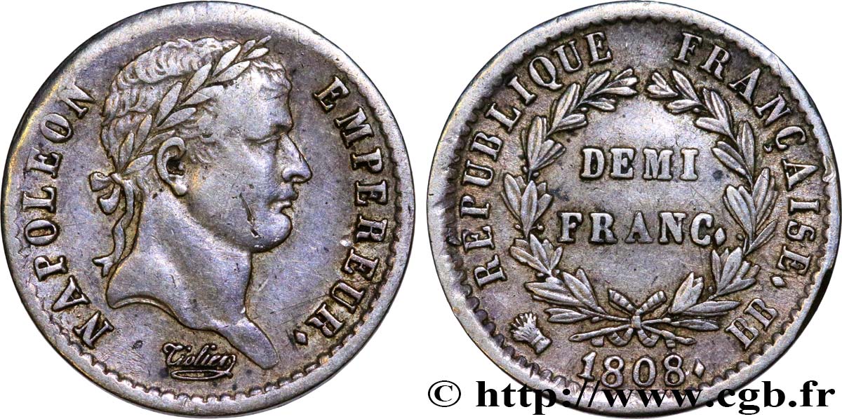 Demi-franc Napoléon Ier tête laurée, République française 1808 Strasbourg F.177/4 TTB45 