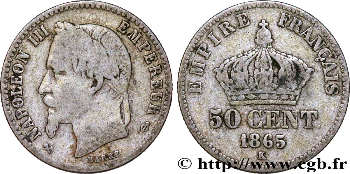 50 centimes Napoléon III, tête laurée 1865 Bordeaux F.188/8 MB15 