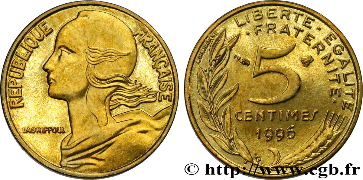 5 centimes Marianne, 3 plis, BU (Brillant Universel) 1996 Pessac F.125/38 ST 