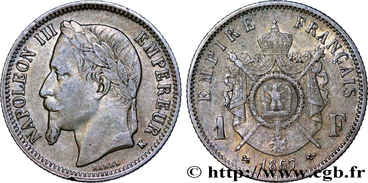 1 franc Napoléon III, tête laurée 1867 Bordeaux F.215/9 TB35 