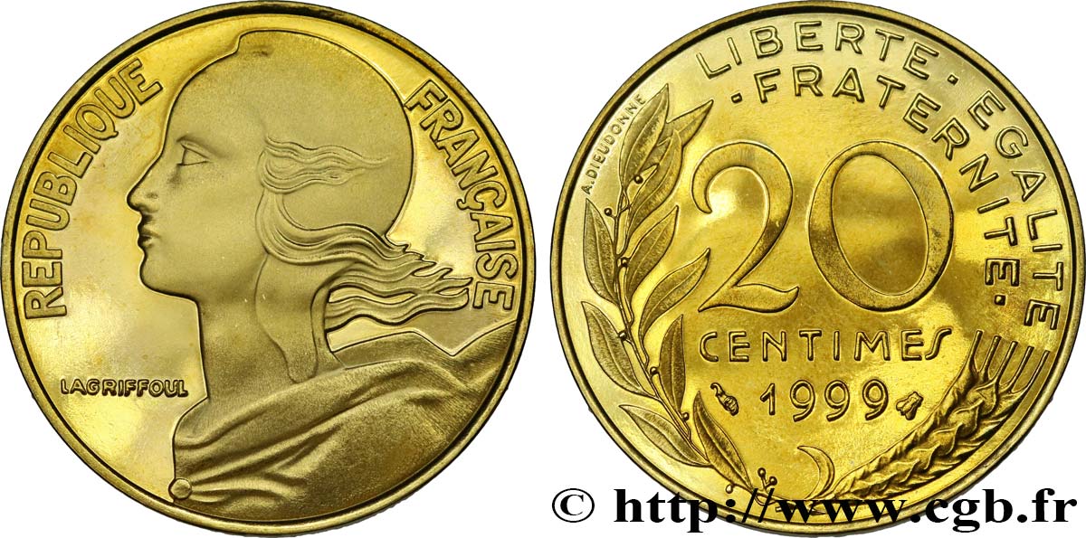 20 centimes Marianne, BE (Belle Épreuve) 1999 Pessac F.156/43 var. MS 