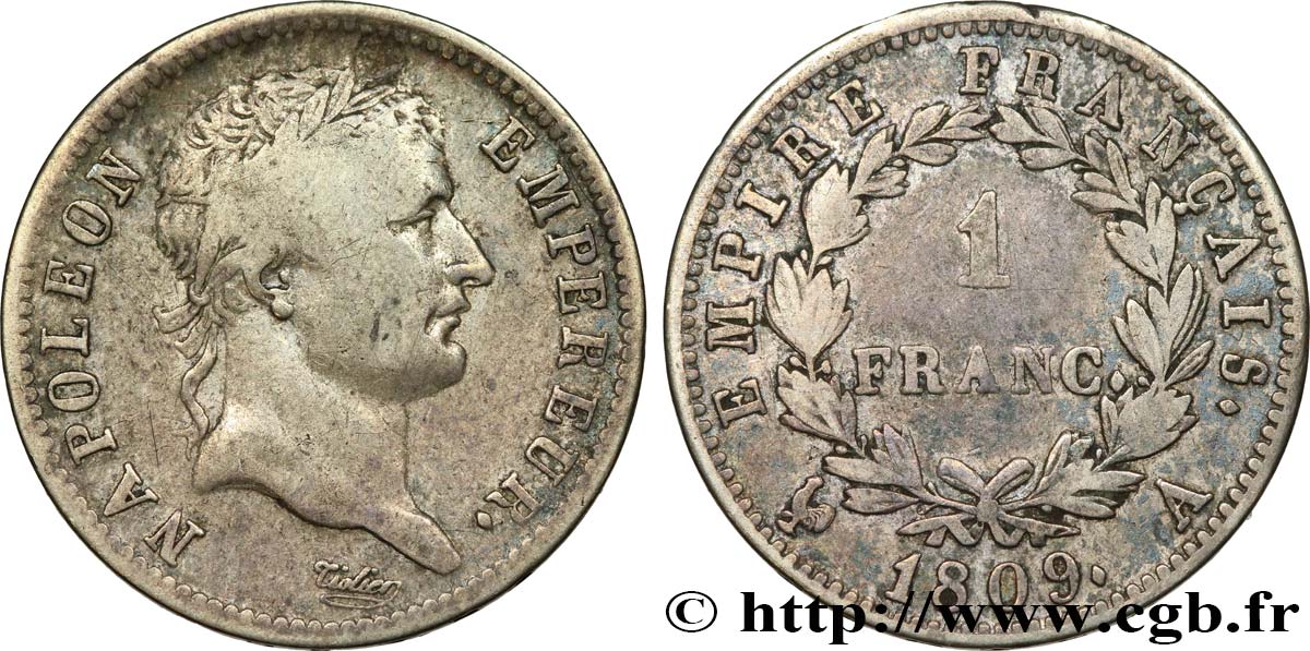 1 franc Napoléon Ier tête laurée, Empire français 1809 Paris F.205/1 S28 