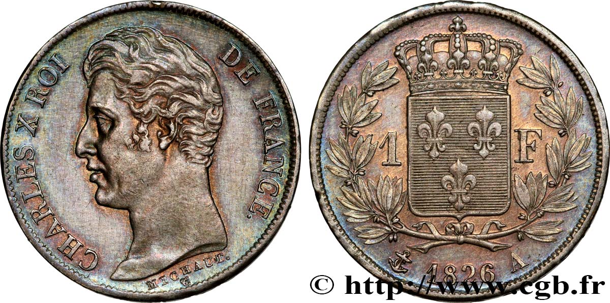 1 franc Charles X, matrice du revers à cinq feuilles 1826 Paris F.207/13 VZ 