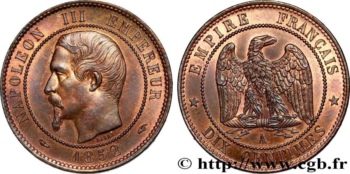 Dix centimes Napoléon III, tête nue 1852 Paris F.133/1 SPL63 