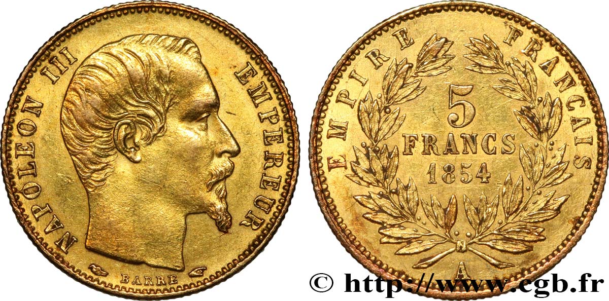 5 francs or Napoléon III, tête nue, petit module, tranche cannelée 1854 Paris F.500A/1 AU 