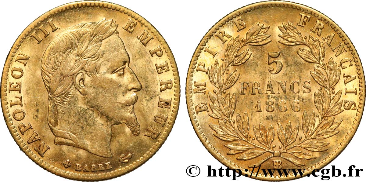 5 francs or Napoléon III, tête laurée 1866 Strasbourg F.502/10 AU55 