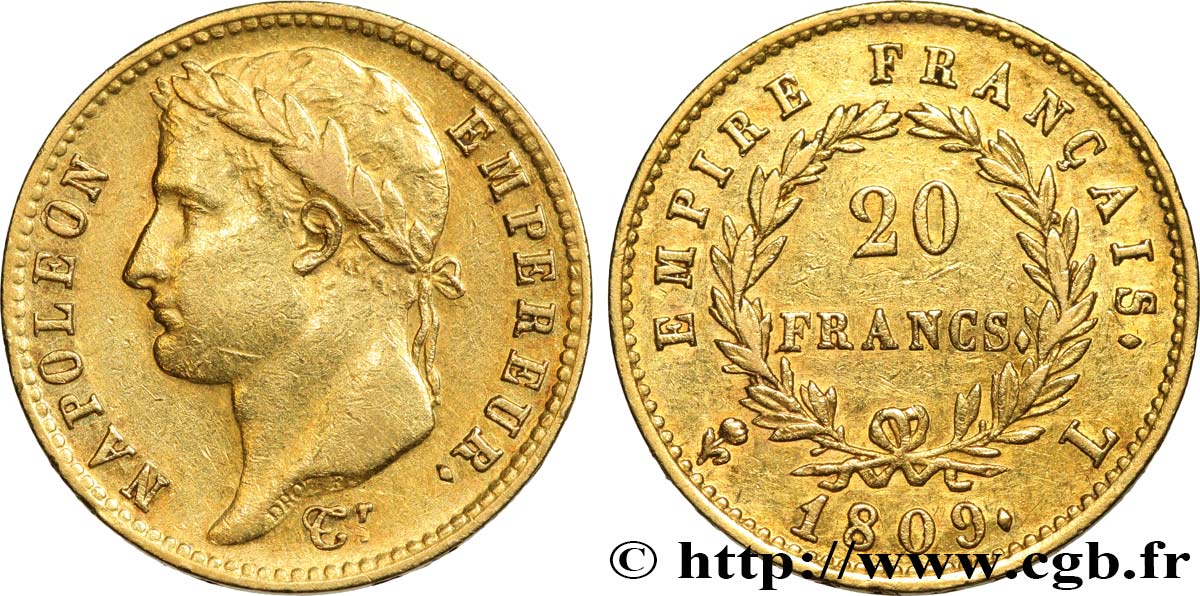 20 francs or Napoléon, tête laurée, Empire français 1809 Bayonne F.516/4 MBC48 
