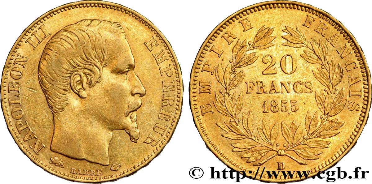 20 francs or Napoléon III, tête nue, Grand Lion 1855 Lyon F.531/8 BB48 