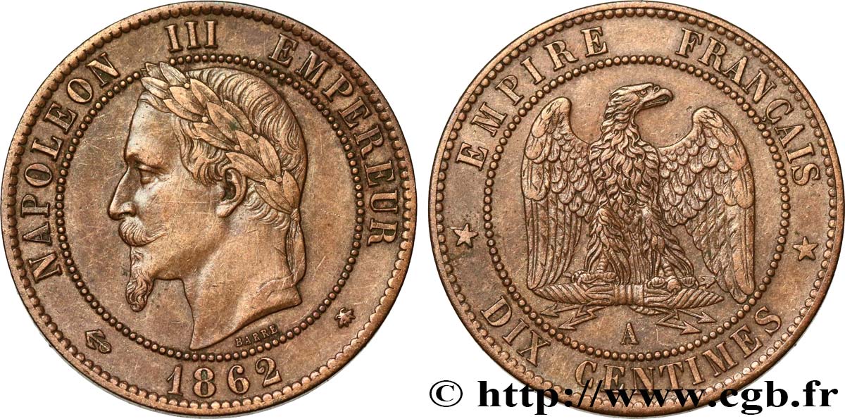 Dix centimes Napoléon III, tête laurée 1862 Paris F.134/7 SS 