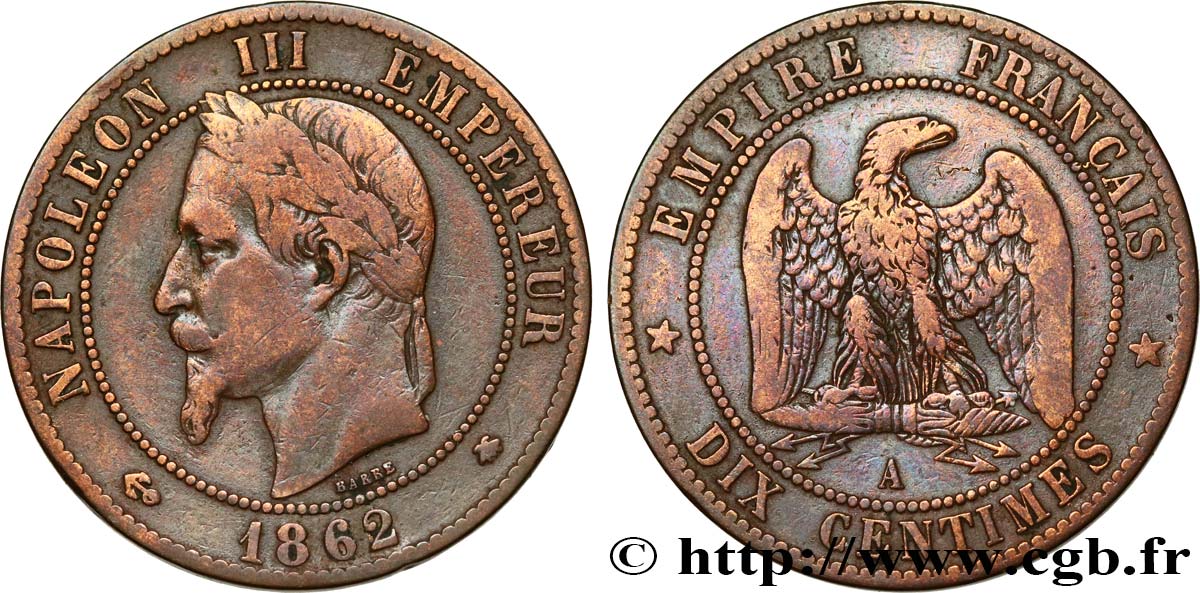 Dix centimes Napoléon III, tête laurée 1862 Paris F.134/7 MB 
