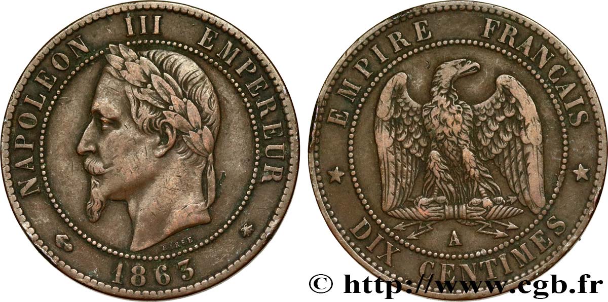Dix centimes Napoléon III, tête laurée 1863 Paris F.134/10 TB35 