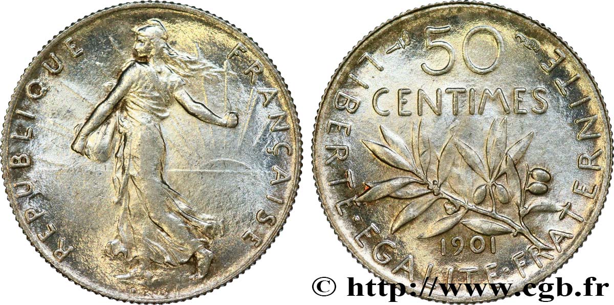 50 centimes Semeuse 1901 Paris F.190/8 EBC60 