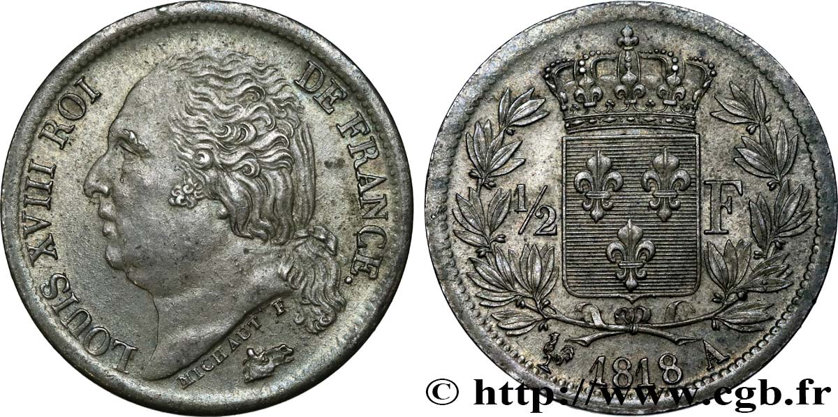 1/2 franc Louis XVIII 1818 Paris F.179/15 EBC58 
