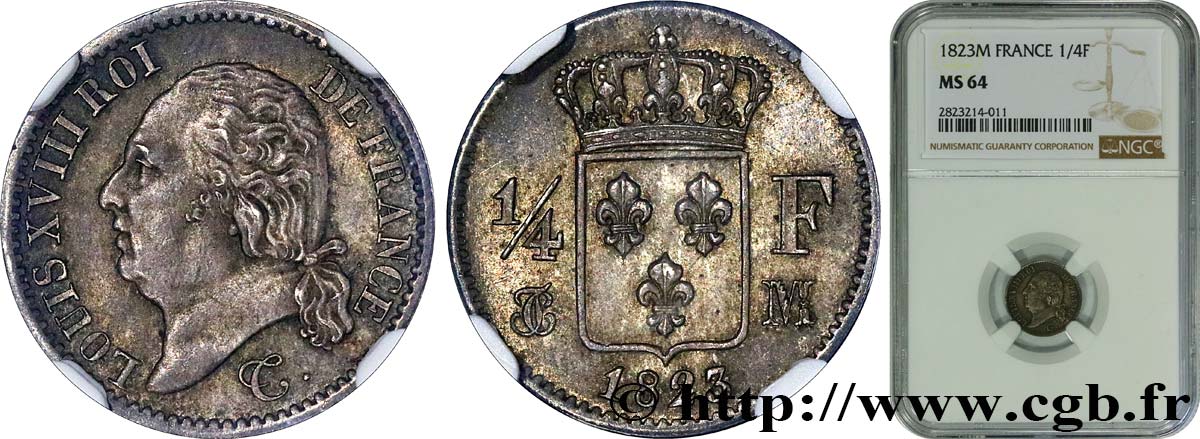 1/4 franc Louis XVIII 1823 Toulouse F.163/28 fST64 NGC