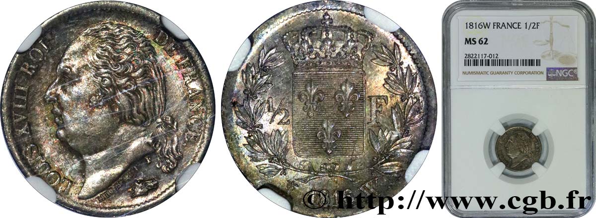 1/2 franc Louis XVIII 1816 Lille F.179/8 VZ62 NGC