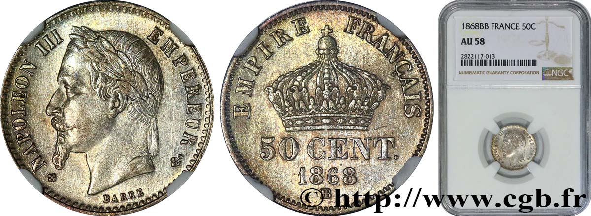 50 centimes Napoléon III, tête laurée 1868 Strasbourg F.188/21 AU58 NGC