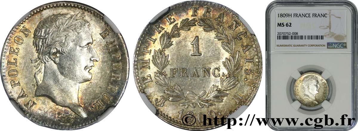 1 franc Napoléon Ier tête laurée, Empire français 1809 La Rochelle F.205/4 SPL62 NGC