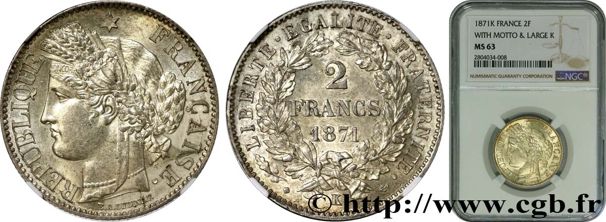 2 francs Cérès, avec légende 1871 Bordeaux F.265/6 MS63 NGC