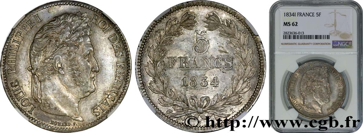 5 francs IIe type Domard 1834 Limoges F.324/34 SPL62 NGC