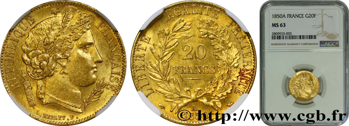 20 francs or Cérès 1850 Paris F.529/3 SC63 NGC