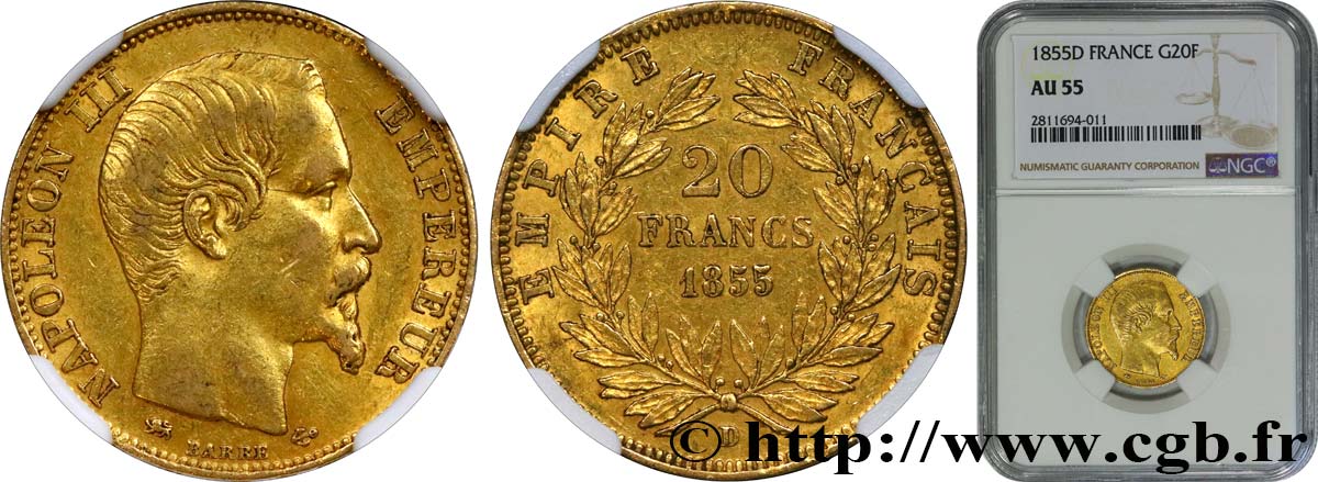 20 francs or Napoléon III, tête nue 1855 Lyon F.531/7 SUP55 NGC