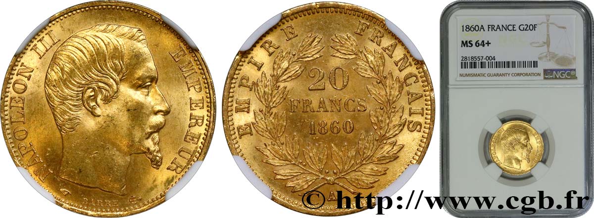 20 francs or Napoléon III, tête nue 1860 Paris F.531/18 SC64 NGC