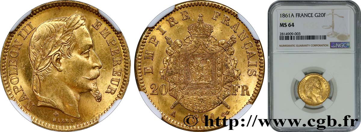 20 francs or Napoléon III, tête laurée 1861 Paris F.532/1 fST64 NGC