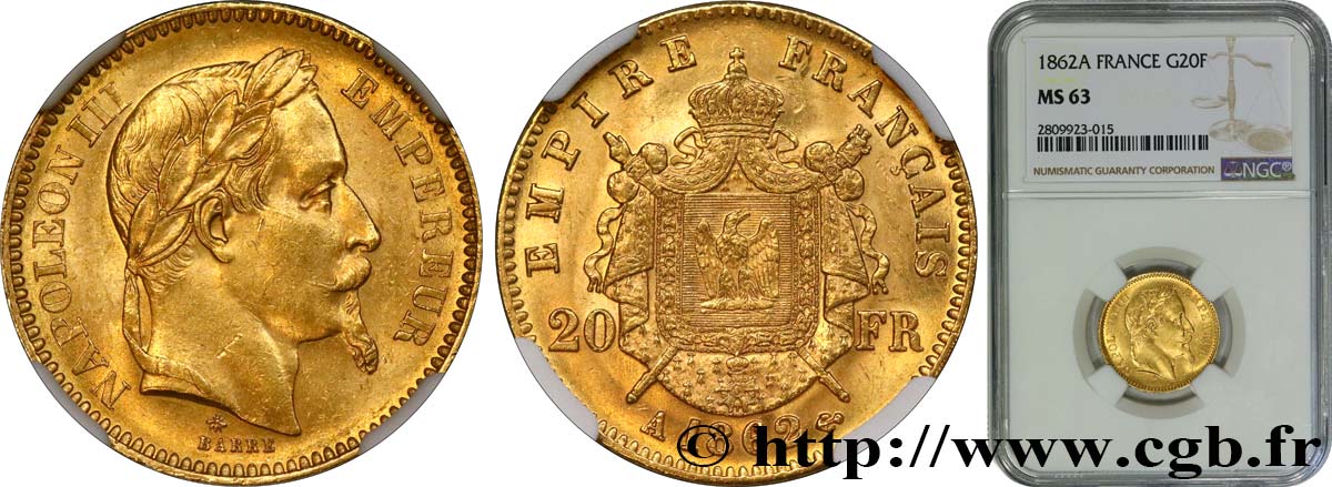 20 francs or Napoléon III, tête laurée, grand A 1862 Paris F.532/4 SPL63 NGC