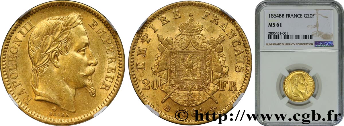 20 francs or Napoléon III, tête laurée, grand BB 1864 Strasbourg F.532/10 MS61 NGC