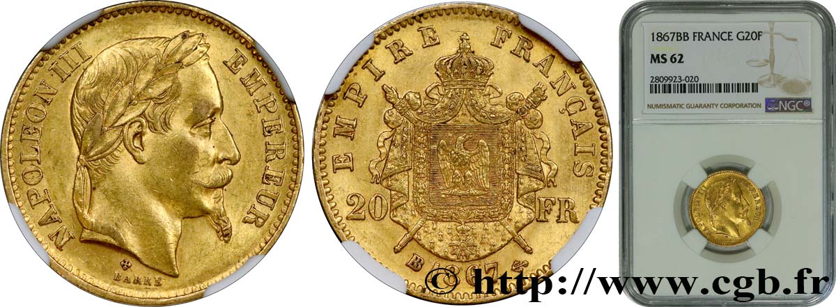 20 francs or Napoléon III, tête laurée 1867 Strasbourg F.532/17 EBC62 NGC