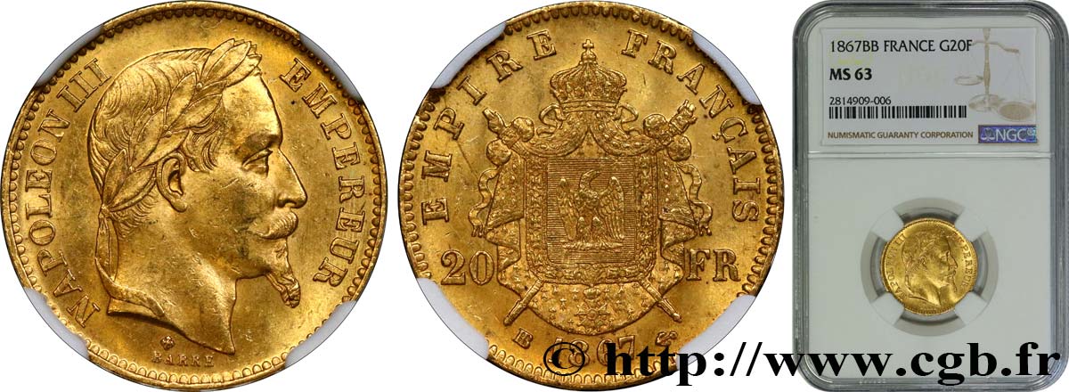 20 francs or Napoléon III, tête laurée 1867 Strasbourg F.532/16 SC63 NGC