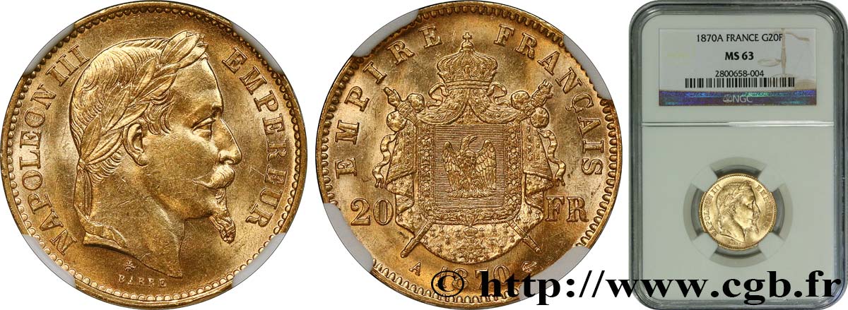 20 francs or Napoléon III, tête laurée 1870 Paris F.532/23 SC63 NGC