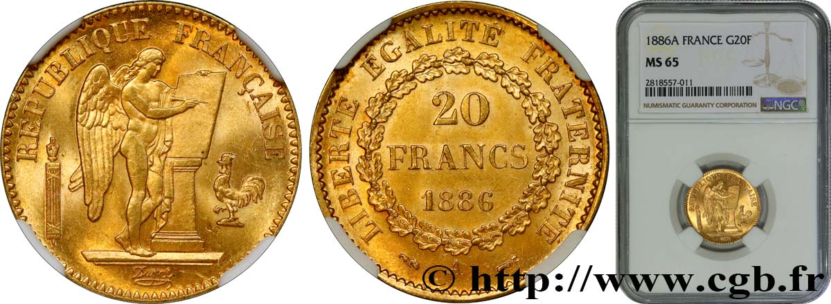 20 francs or Génie, IIIe République 1886 Paris F.533/9 FDC65 NGC