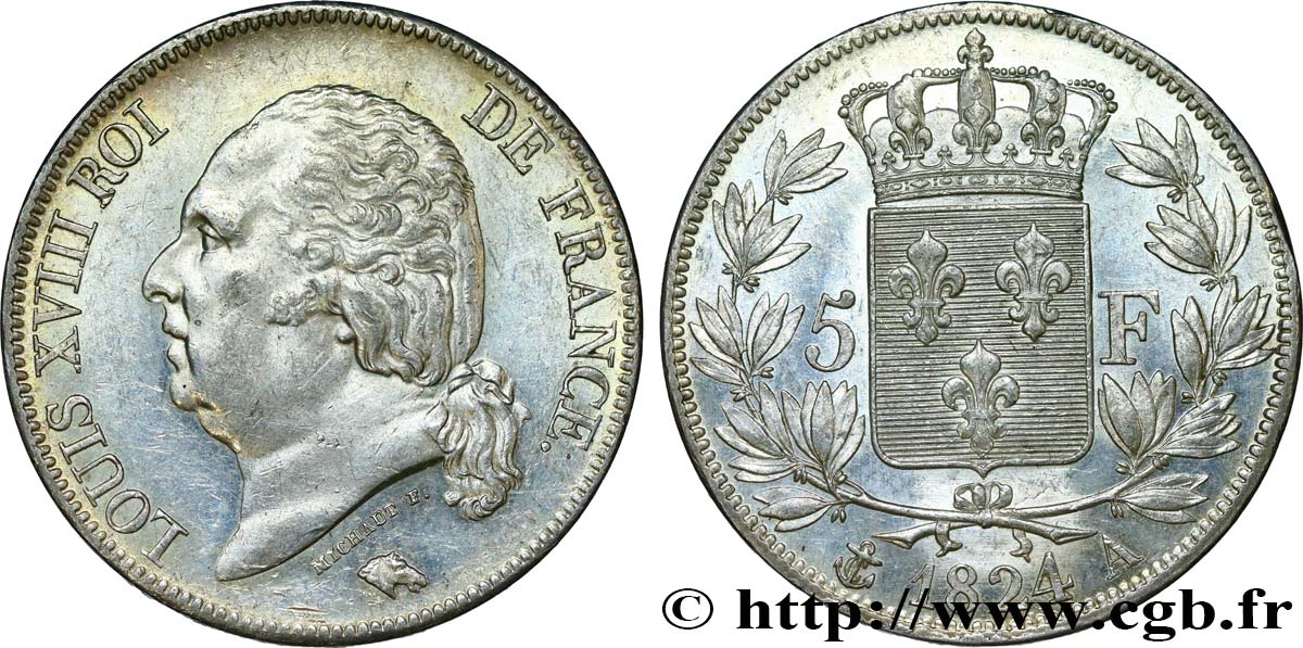 5 francs Louis XVIII, tête nue 1824 Paris F.309/88 SUP55 