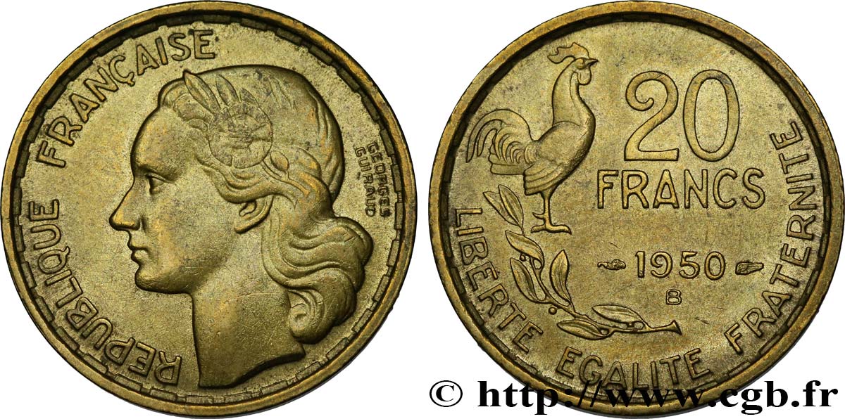 20 francs Georges Guiraud, 4 faucilles 1950 Beaumont-Le-Roger F.401/3 TTB50 