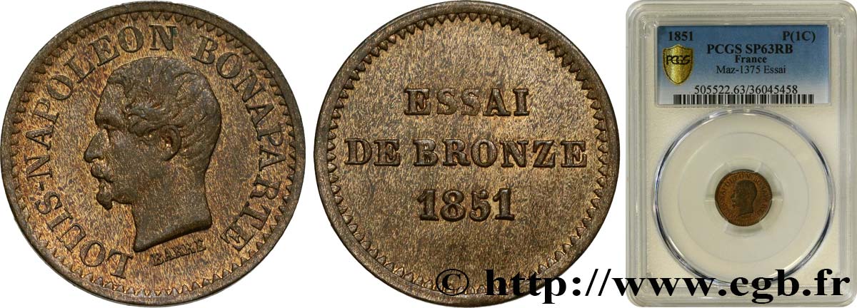 Essai de bronze au module de un centime, Louis-Napoléon Bonaparte 1851 Paris VG.3297  SPL63 PCGS