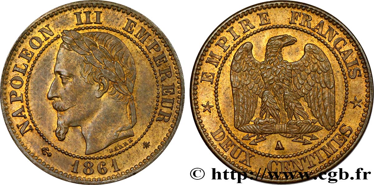 Deux centimes Napoléon III, tête laurée, buste définitif 1861 Paris F.108A/1 SC63 